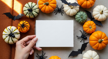 Hand holding blank card and pumpkins