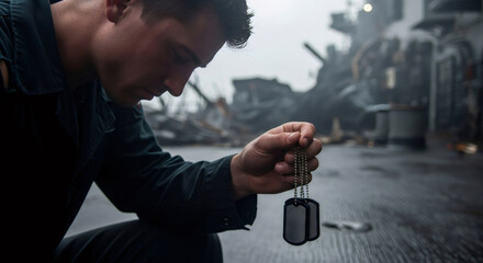 Caucasian man holding dog tags while kneeling on a war-torn ship deck. Remembrance and loss concept for veterans day.