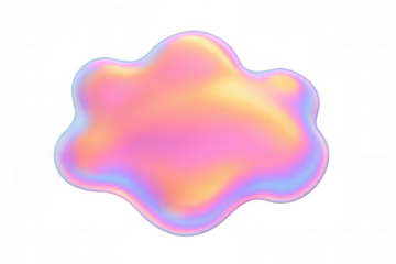 Iridescent liquid blob shape creating abstract holographic gradient fluid bubble texture on transparent background