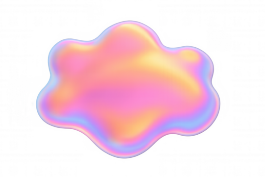 Iridescent liquid blob shape creating abstract holographic gradient fluid bubble texture on transparent background
