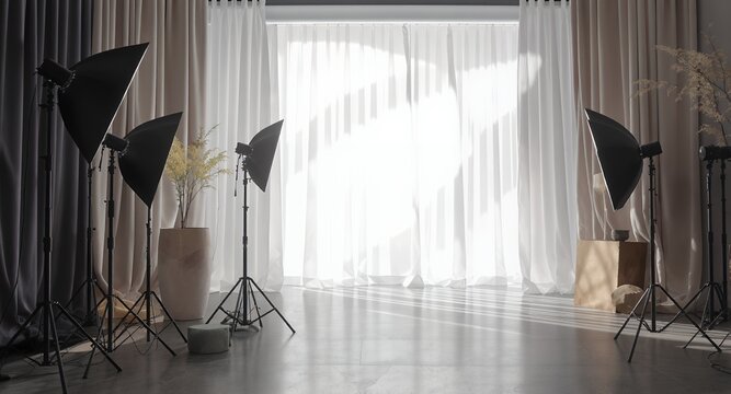 Bright and modern photo studio interior with professional lighting equipment, empty space ready for creative photography, illuminated by soft natural light through sheer curtains