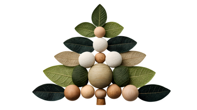 Eco-friendly mini Christmas tree made from rolled green paper leaves spiraling upward with golden bead ornaments, isolated on white background