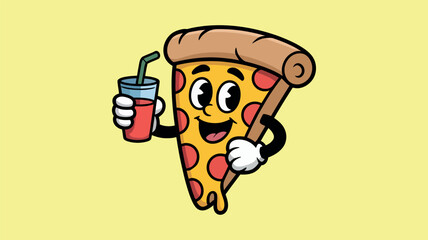 Happy Cartoon Pizza Slice Holding a Red Drink with Straw