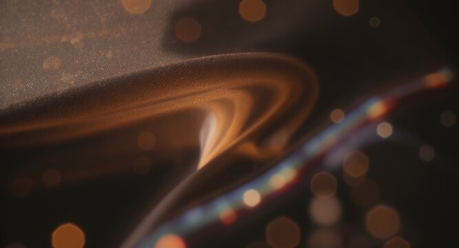 Dynamic Abstract Golden Swirl with Sparkling Particles, Warm Bokeh Lights, and Colorful Lens Flare on a Dark Background - Ethereal and Luxurious Texture Backdrop for Modern Design