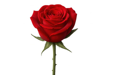 Red rose with a long green stem expressing love, romance, and passion, isolated on a transparent background