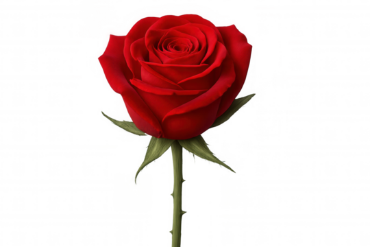 Red rose with a long green stem expressing love, romance, and passion, isolated on a transparent background