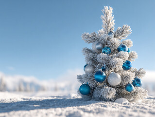 Blue and Silver Baubles on Snowy Pine Tree