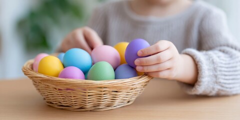 a child hands place colorful easter eggs in an easter basket on the table.