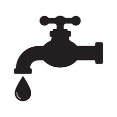 Silhouette of a water tap with a single drop representing clean water and water conservation efforts on white background