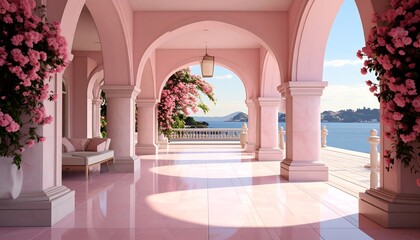 Pastel pink terrace overlooking serene sea and islands with blooming flowers