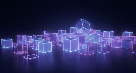 Fototapeta premium Futuristic Abstract Cityscape of Glowing Neon Cubes and Geometric Blocks on a Dark Background, Representing Digital Data, Network Connections, and Modern Technology Concepts in a Vibrant 3D Render