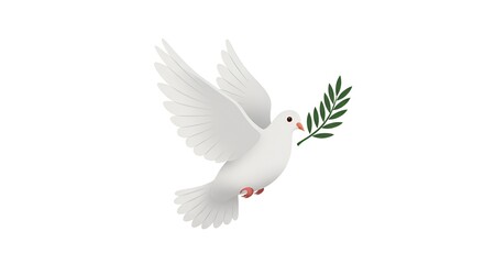Obraz premium A serene white dove carries an olive branch, symbolizing peace in a flat design style.