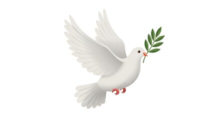 Obraz premium Serene white dove gracefully flies carrying an olive branch in its beak, a symbol of hope.