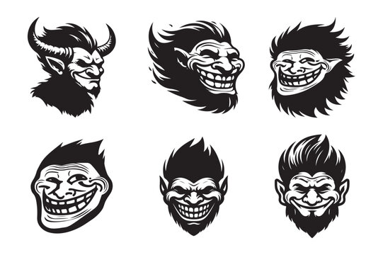 Black and white funny troll faces expressions vector