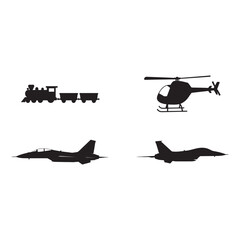 Transportation Silhouettes Featuring a Train Helicopter and Fighter Jets Against a White Background Promoting Travel and Innovation