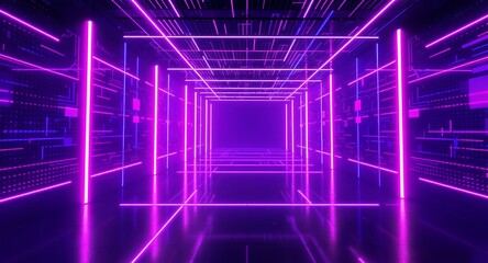 Futuristic neon light tunnel with glowing cyber grid and vibrant purple and pink reflections, perfect for digital technology, virtual reality, AI, and immersive sci-fi backgrounds or gaming conce