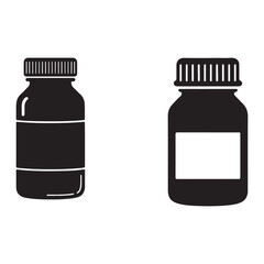 Two Black and White Pill Bottles Pharmacy Medication Concept Minimalist Design Graphic Illustration Medical Treatment Healthcare Supplies Remedies Isolated