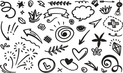 Hand-drawn Doodle Set A Collection of Whimsical and Artistic Elements for Creative Projects, Featuring Arrows, Hearts, Stars, and More Decorative Symbols