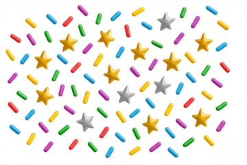 Delicious colorful candy sprinkles and shining golden and silver stars forming a fun, festive seamless pattern on a transparent background