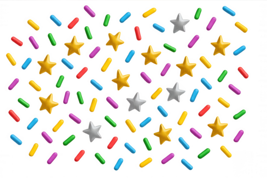 Delicious colorful candy sprinkles and shining golden and silver stars forming a fun, festive seamless pattern on a transparent background