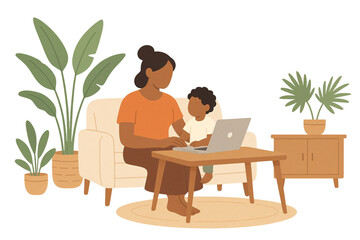 A Woman Working on a Laptop while Taking Care of Her Child in a Cozy Tropical Living Room—Flat Vector Design. Suitable for Web Design, Sticker, Clip Art, etc.