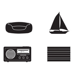 Variety of Silhouette Images featuring a Dog Bed a Sailboat an Old Radio and a Stack of Wood