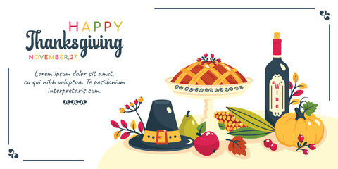Thanksgiving table. Festive dinner with traditional American food. Thanksgiving banner template. Thanksgiving dinner. Greeting card with autumn elements, harvest, hat, pumpkins, corns.  Vector