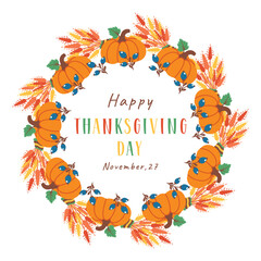 Thanksgiving frame template. Pumpkin wreath isolated on white background. Happy Thanksgiving day. Circular Autumn foliage design. Vector illustration for invitations, labels, packaging, cards