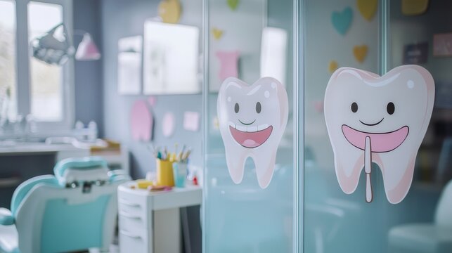Soft-focus composition of girl counting teeth with tongue tip, pastel-colored tools on mobile cart nearby, wall decals of smiling cartoon teeth behind foggy glass partition