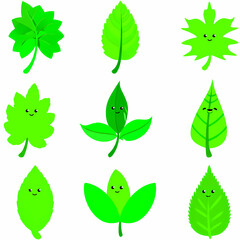 A collection of nine cartoon green leaves with smiling faces, various shapes.