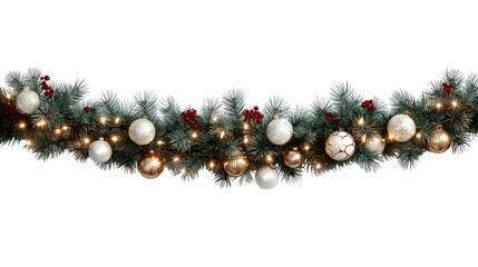 Decorative Christmas garland made of fir branches with twinkling fairy lights and baubles isolated on white background