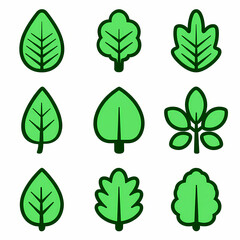 A collection of nine stylized green leaf icons with black outlines, arranged in a grid pattern on a white background.