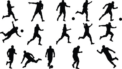 Silhouettes of soccer players in motion, running, kicking, dribbling, performing football actions, energy, teamwork, athletic movement, outdoor sports, training scene