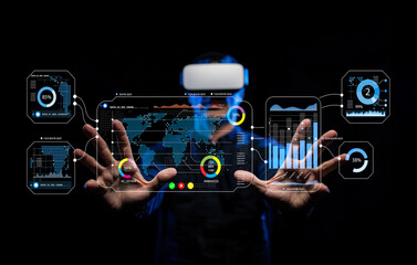 Person using virtual reality technology to interact with data analytics graphs, charts, and maps in a dark environment showcasing futuristic tech concepts