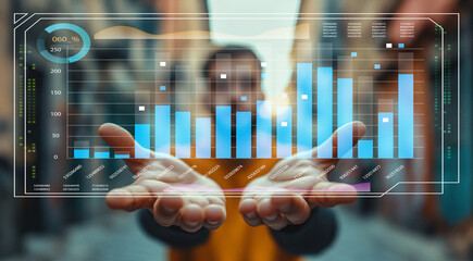 Man in Urban Setting Holding Hands with Bar Chart in Overlay Illustrating Data Analysis and Business Growth in a Modern Context