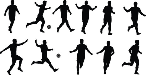 Soccer players silhouettes kicking ball, football training, teamwork, sports action, running athletes, fitness, competition, motion, energy, outdoor game, dynamic movement