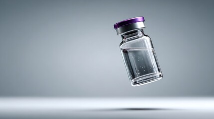 Clear glass vial with purple cap containing liquid suspended in the air in an artistic arrangement