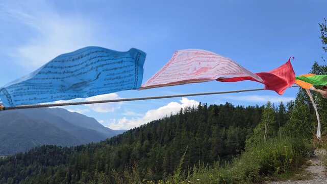 Video of Religious tibetan buddhist prayer flags in Altai mountains.
