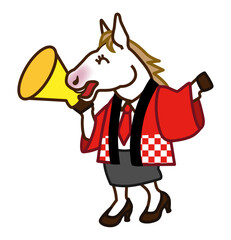 呼び込みをする女性店員風の馬　午年　初売り　販促素材