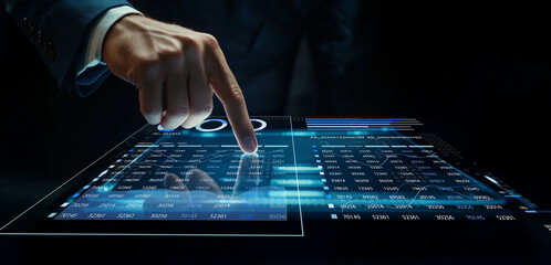 Business professional analyzing financial data on a digital touchscreen interface in a dark environment with vibrant graphs and charts for analysis