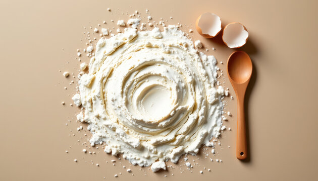 Creamy Swirl with Broken Eggshells and Wooden Spoo