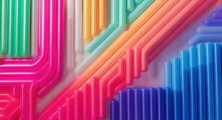 Vibrant Abstract Background Interconnecting Smooth Plastic Tubes in Bright Pink, Green, Orange, Blue, and Purple Creating a Dynamic Geometric Pattern, Representing Network, Flow, and Modern Design.