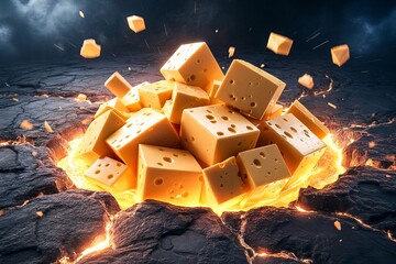 Swiss cheese blocks erupt lava cracks smoke glow dark surreal fantasy volcanic background