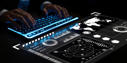 Futuristic Technology Interface with Hands Typing on Transparent Keyboard and Interactive Data Visualization for Business Analysis and Digital Strategy Enhancement