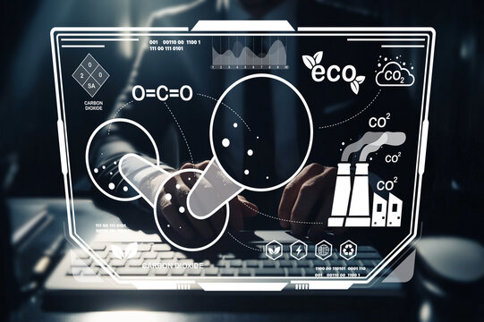 Advanced technological interface featuring data visualization, environmental metrics, and carbon dioxide analysis for sustainable development and eco-friendly solutions - Powered by Adobe