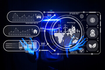 Innovative Data Visualization of Wind Energy with Infographics and Digital Interface Featuring Graphs, Icons, and Interactive Elements