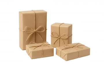 Parcels and brown paper gift boxes with natural twine, delivering presents and special holidays