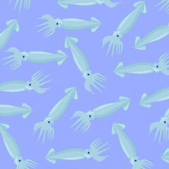 Aquatic seamless pattern featuring stylized swimming squids on a purple background