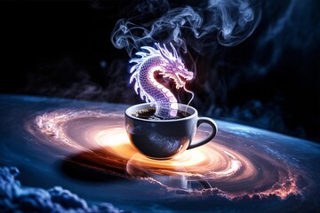 Coffee cup dragon smoke purple glow galaxy swirl dark surreal fantasy cosmic background