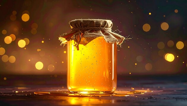 Glass jar filled with golden liquid, sealed with fabric, and sparkling lights - Powered by Adobe